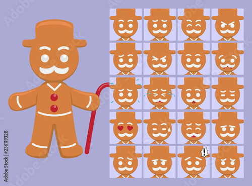 Cute Gingerbread Mustache Cartoon Emotion faces Vector Illustration