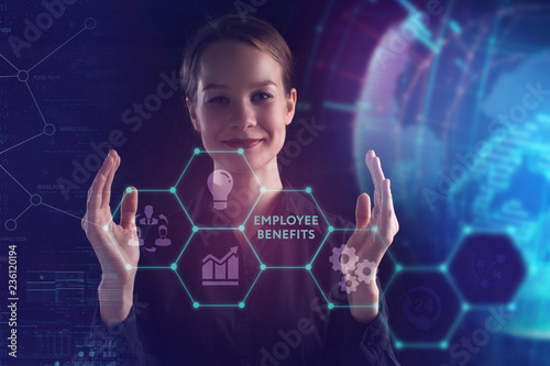 The concept of business, technology, the Internet and the network. A young entrepreneur working on a virtual screen of the future and sees the inscription: Employee benefits