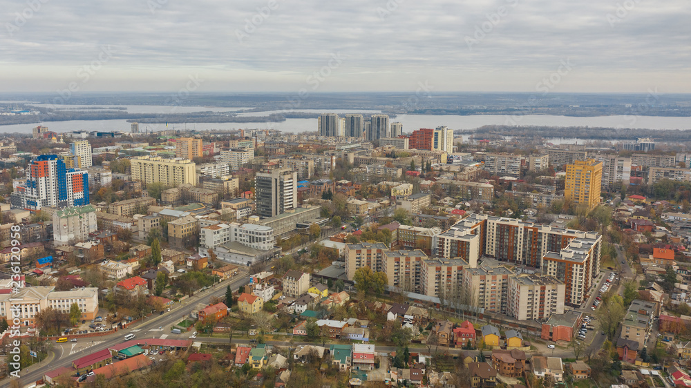 Bird's eye view on downtown area of Dnipro city. Panoramic cityscape with skyline from quadcopter. (Dnepr, Dnepropetrovsk, Dnipropetrovsk). Ukraine