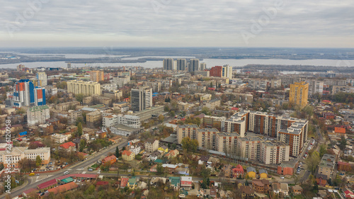 Bird s eye view on downtown area of Dnipro city. Panoramic cityscape with skyline from quadcopter.  Dnepr  Dnepropetrovsk  Dnipropetrovsk . Ukraine