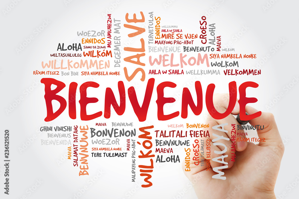 Bienvenue (Welcome in French) word cloud with marker in different languages, conceptual background Bienvenue (Welcome in French) word cloud with marker in different languages, conceptual background