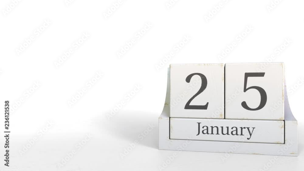 Wood cube calendar shows January 25 date, 3D animation Wood cube calendar shows January 25 date, 3D animation