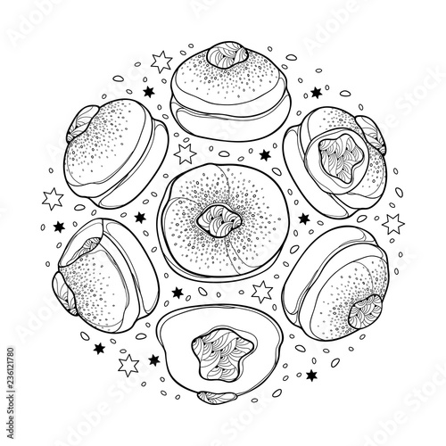 Vector set with outline traditional Hanukkah sufganiyah or sufganiyot or doughnut in black isolated on white background. Contour whole and half jelly donut for Jewish Hanuka design or coloring book. photo