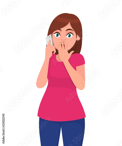 Shocked young woman speaking on the smartphone, covers her mouth with hand, shocked with shame for mistake, expression of fear, scared in silence, secret concept illustration in vector cartoon style.