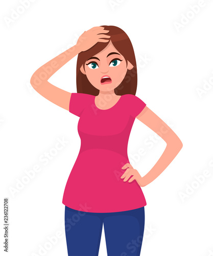 Unhappy, depressed or frustrated  young woman holding / squeezing  hand on her head. Human emotion and body language concept. Stress, tension and migraine concept illustration in vector cartoon style.
