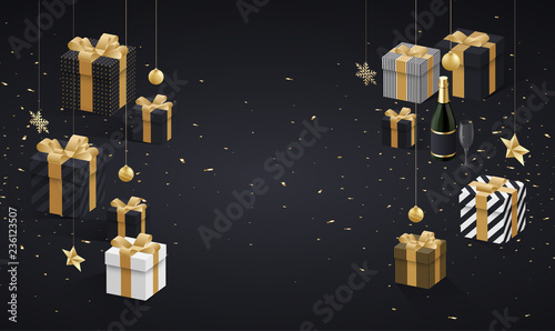 Christmas and New Year background with golden 3d gifts, Champagne and confetti.