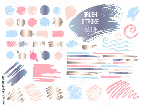 Set stroke spot golden pink blog. Brush, pen, marker, chalk, brush stroke, lines, points, gold. Vector distressed grunge modern textured brush stroke. Dry brush. Beauty identity elegant style. Hand