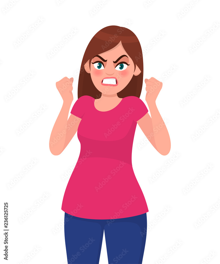 Angry woman is screaming and raising her fists up. Furious angry woman screaming with rage and frustration. Human emotion and body language concept illustration in vector cartoon flat style. Angry woman is screaming and raising her fists up. Furious angry woman screaming with rage and frustration. Human emotion and body language concept illustration in vector cartoon flat style.