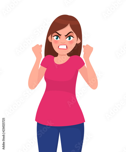 Angry woman is screaming and raising her fists up. Furious angry woman screaming with rage and frustration. Human emotion and body language concept illustration in vector cartoon flat style.