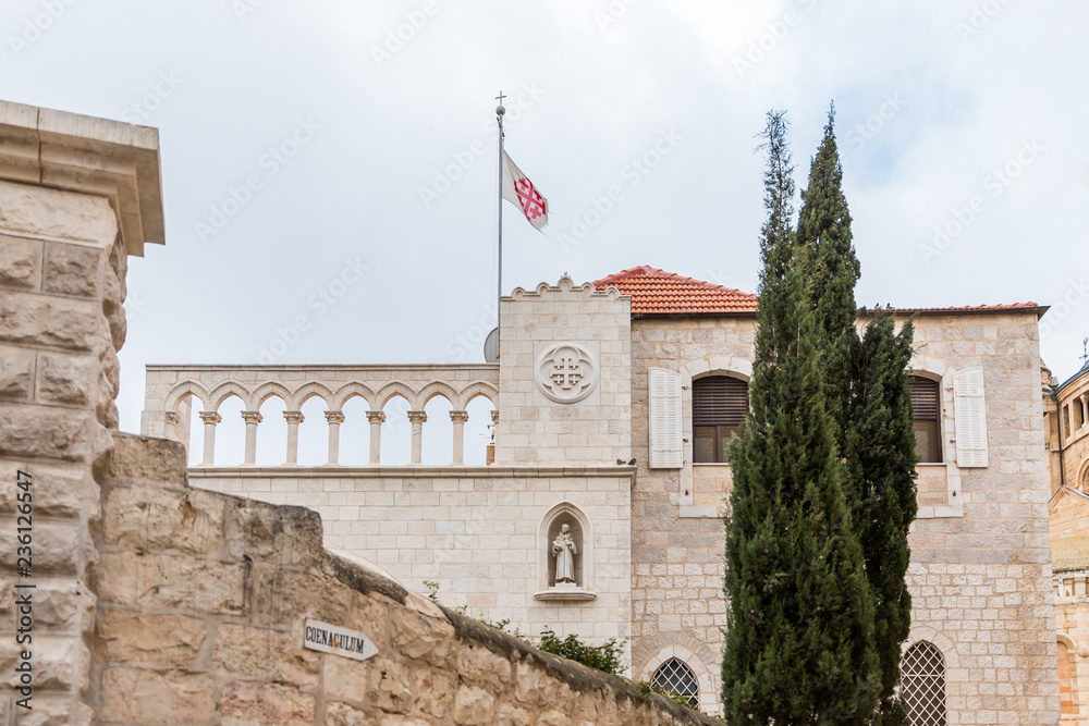 The fasade of Franciscan monastery near Zion Gate of Jerusalem, Israel
