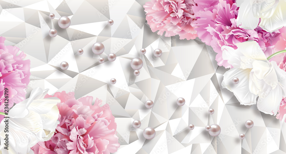 3d wallpaper, carnations flowers and pearl on white abstract background. Celebration 3d background.