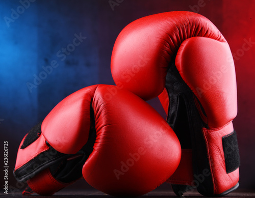 Pair of red leather boxing gloves © monticellllo