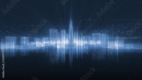 Abstract hologram 3D city rendering with futuristic matrix. Digital skyline with a binary code particles network. Technology and connection concept. Architecture background with particle skyscrapers.