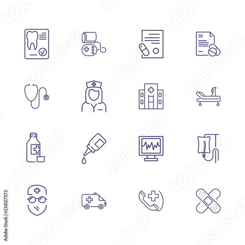 Treatment icons. Set of line icons. Surgeon, hospital, icu room, medication. Medical service concept. Vector illustration can be used for topics like healthcare, medicine, medical equipment