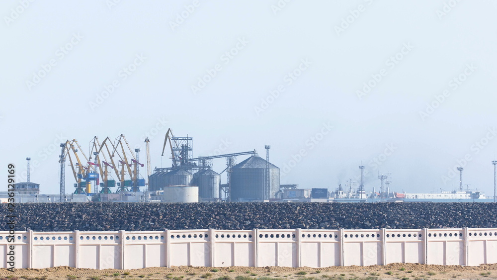 Fototapeta premium View to the seaport timelapse in city of Aktau Kazakhstan