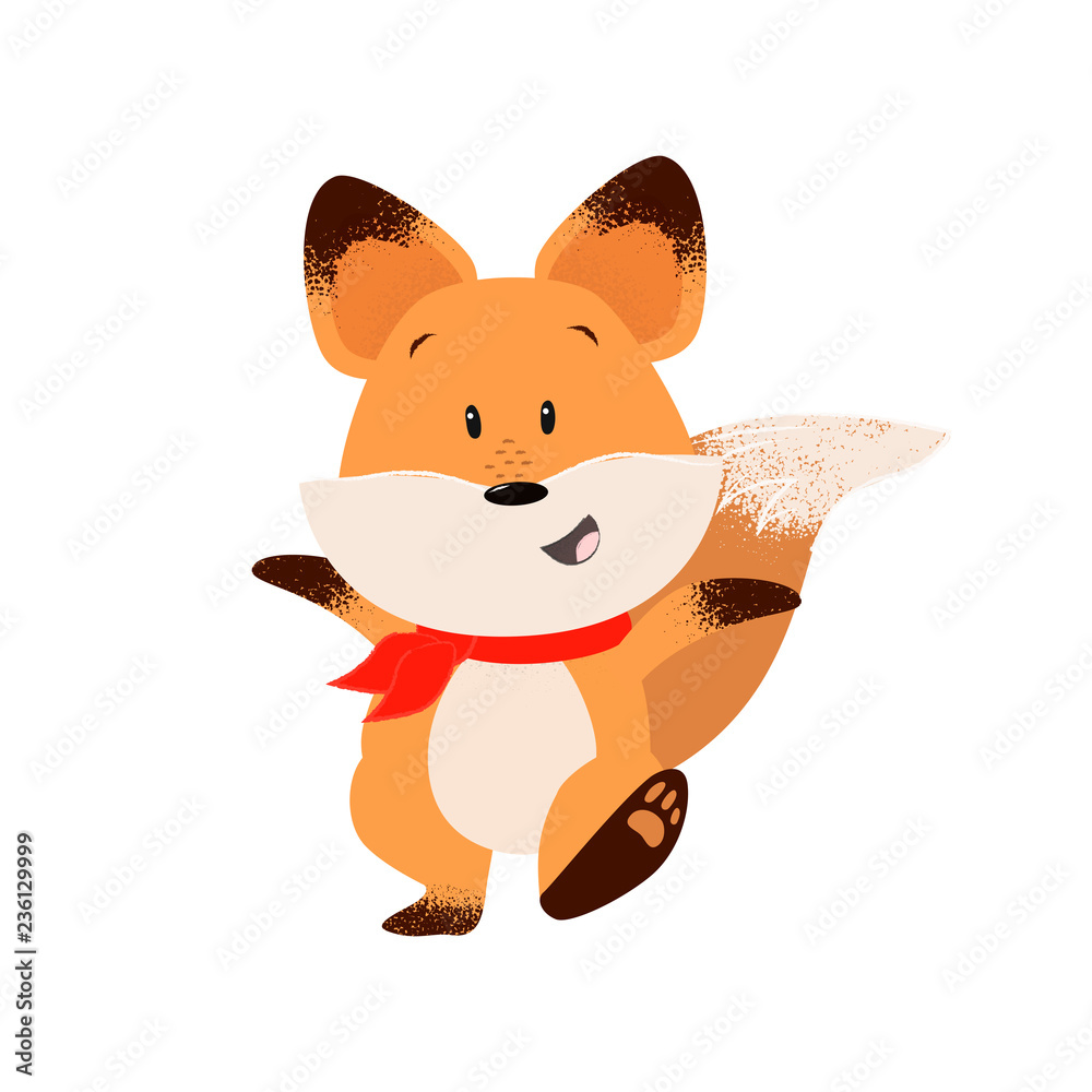 Fototapeta premium Happy fox outstretching hands while walking. Excitement, leisure, happiness. Can be used for topics like animal, stroll, cartoon 