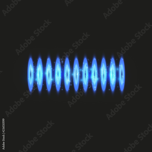Magic fantasy portal. Futuristic teleport. Light effect. Blue candles rays of a night scene with sparks on a transparent background. Empty light effect of the podium. Disco club dancefloor