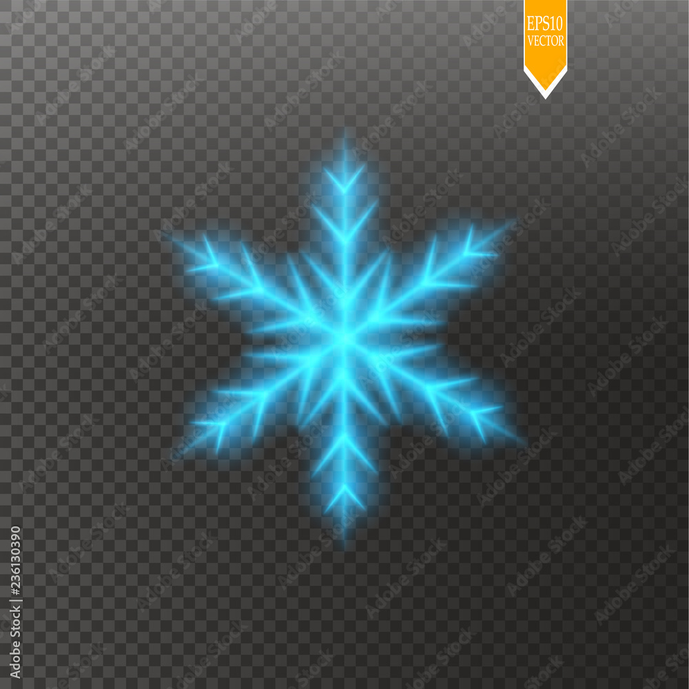 Obraz premium Shine blue snowflake with glitter isolated on transparent background. Christmas decoration with shining sparkling light effect. Vector