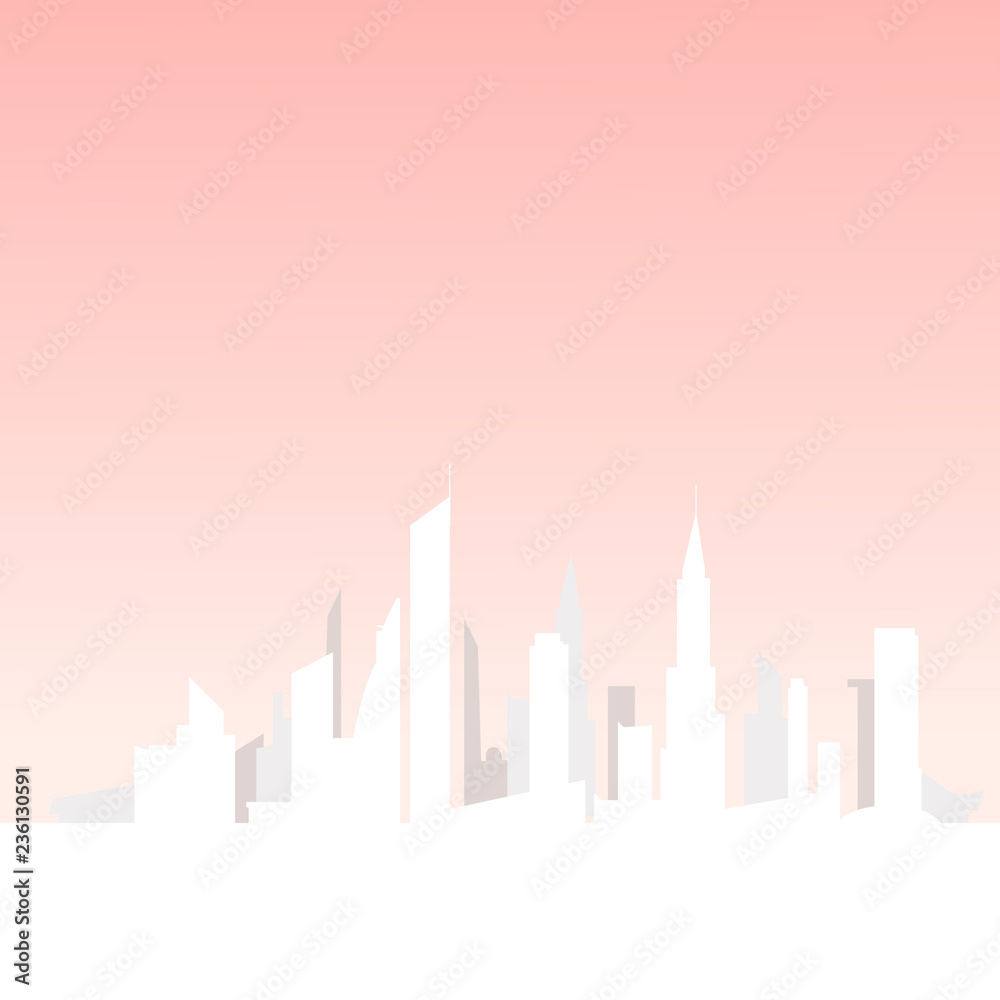 Minimalistic skyline of a modern city with skyscrapers on  pink background.