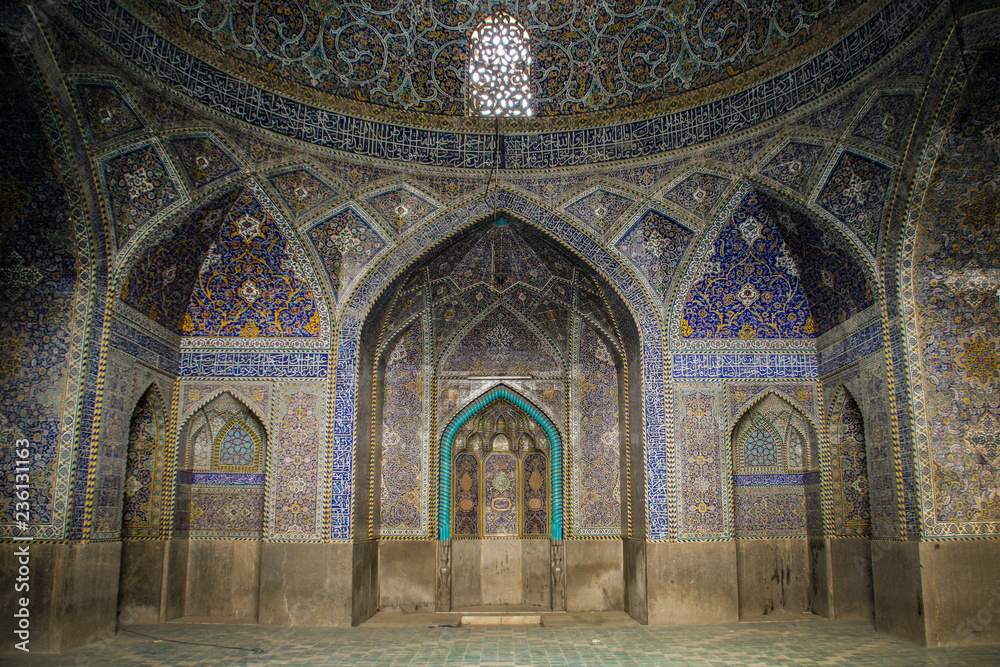 Isfahan, Iran - May 11, 2017:Mosque in Isfahan blue. Traditional ornaments and decorations. Iran