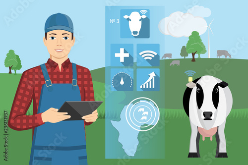 Farmer with digital tablet on a cattle grazing. Internet of things in cattle breeding. Vector illustration