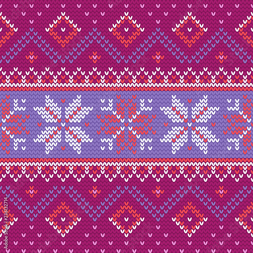 Christmas knitting seamless pattern with stars, rhombus, zig zag
