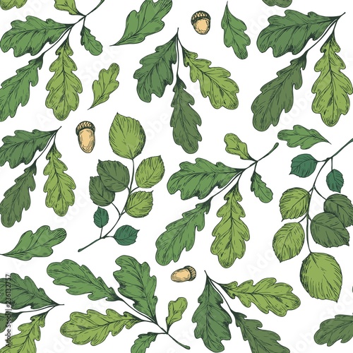 Seamless pattern with leaves, tree branches, oak leaves and acorns. Vector illustration