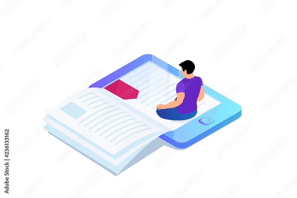 Isometric concept of e-book, bookmark in device. Isometric concept of e-book, bookmark in device.
