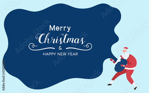 Santa Claus holds santa bag and show text Merry Christmas And Happy New Year.