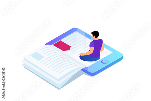 Isometric concept of e-book, bookmark in device.