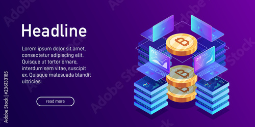 Isometric concept of mining bitcoin, landing page.