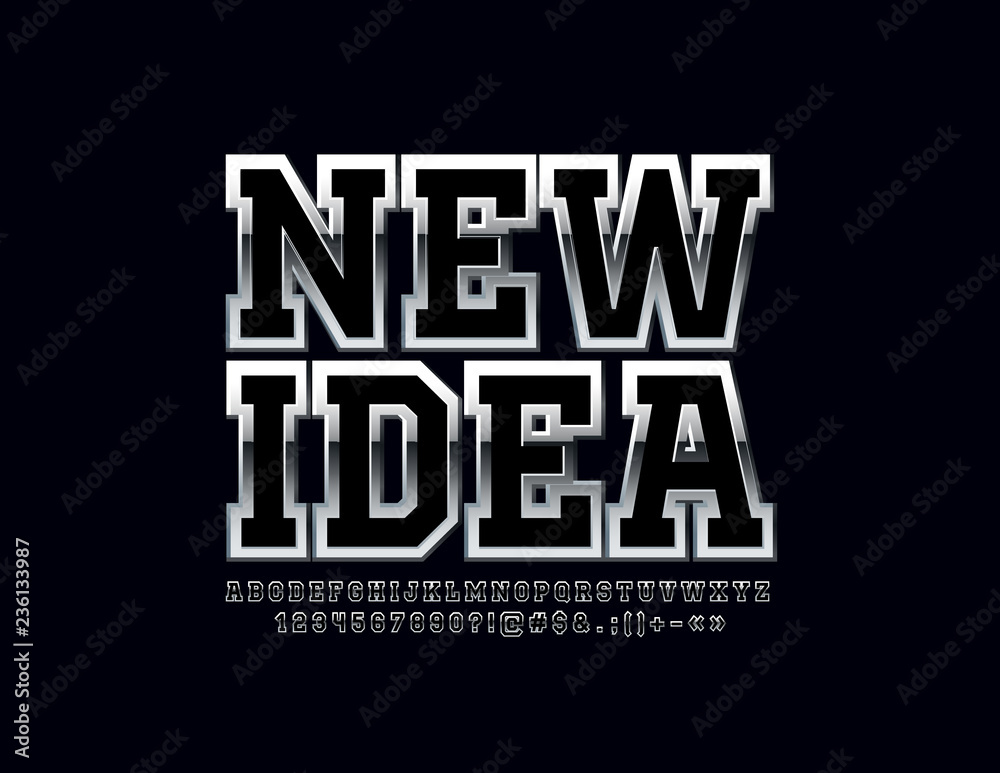 Silver reflective Font with text New Idea. Vector set of steel Alphabet Letters, Numbers and Symbols.
