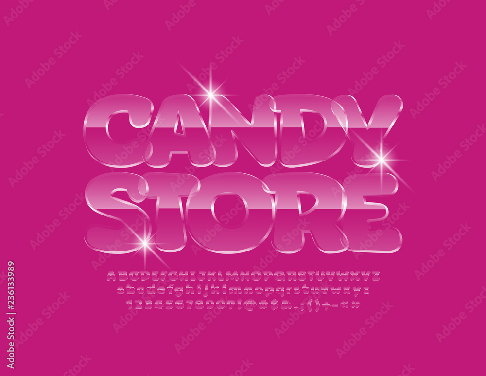 Glossy pink Sign Candy store. Kids glass Font. Sweet Alphabet Letters, Numbers and Symbols.