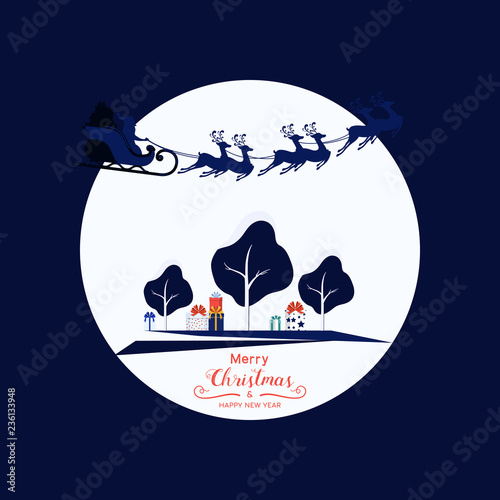 Winter city landscape snowy street and winter holiday. Santa claus flying with reindeer sleigh over the forest with gift box