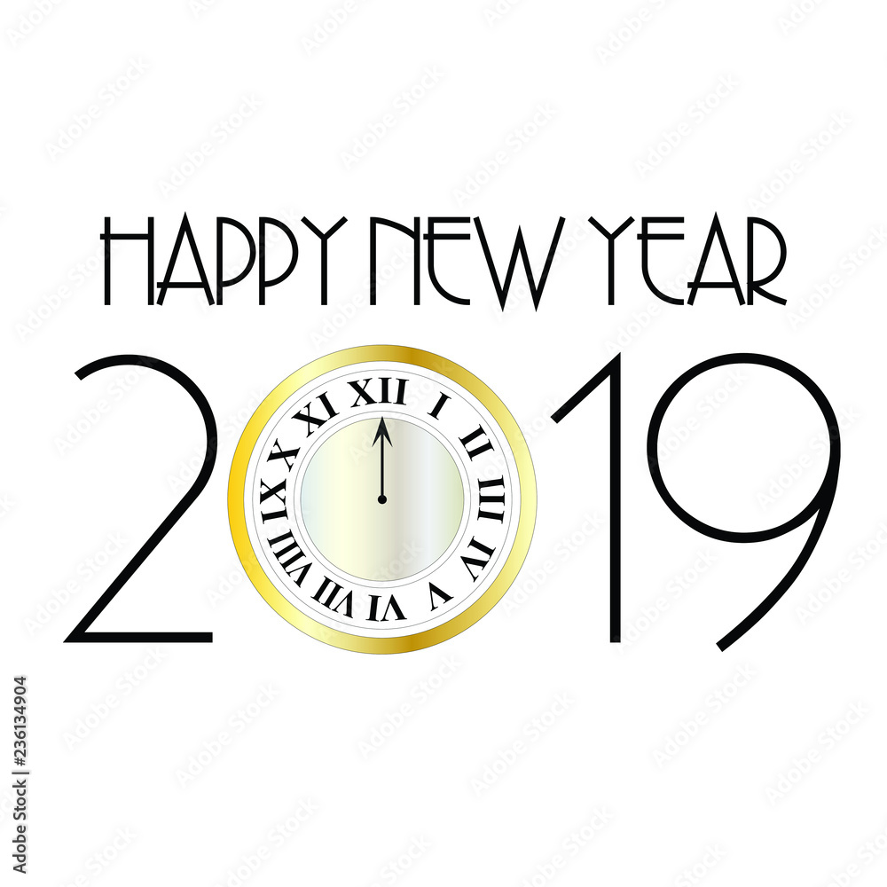 art deco happy new year 2019 with silver gold clock on white vector graphic art deco happy new year 2019 with silver gold clock on white vector graphic