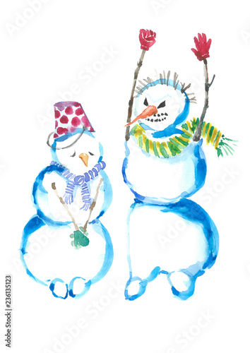 Sensual snowmen. The relationship between a man and a woman. Chief and subordinate. Watercolor drawing.