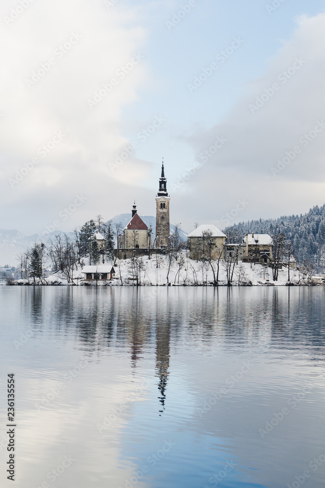 Vew over Gothic church on Bled lake island, Slovenia