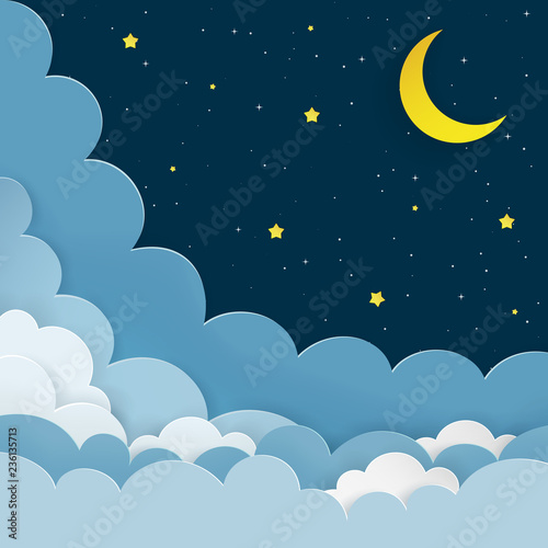 Half moon, stars, clouds on the dark night starry sky background. Galaxy background with crescent moon and stars. Paper and craft style. Night scene minimal background. Vector Illustration.