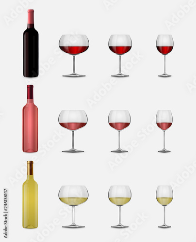 Wine Bottle 3D set. Vector illustration.