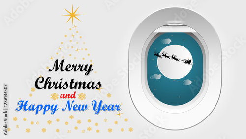 Vector illustration graphic design of Santa Cross sits on a snowmobile with a reindeer on the sky in front of the full moon view from the window of a plane, concept for Christmas day.
