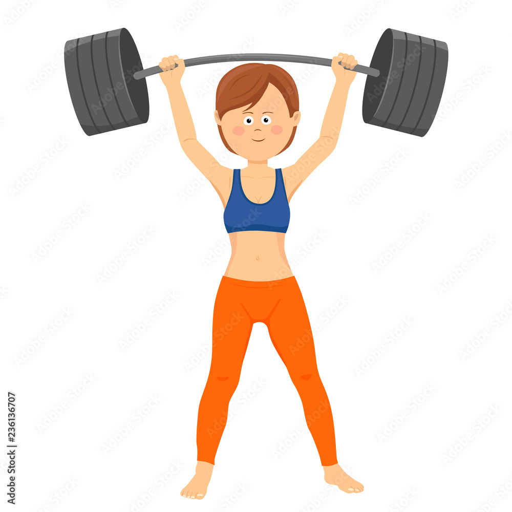 Fototapeta premium Young happy woman lifting heavy barbell isolated on white background