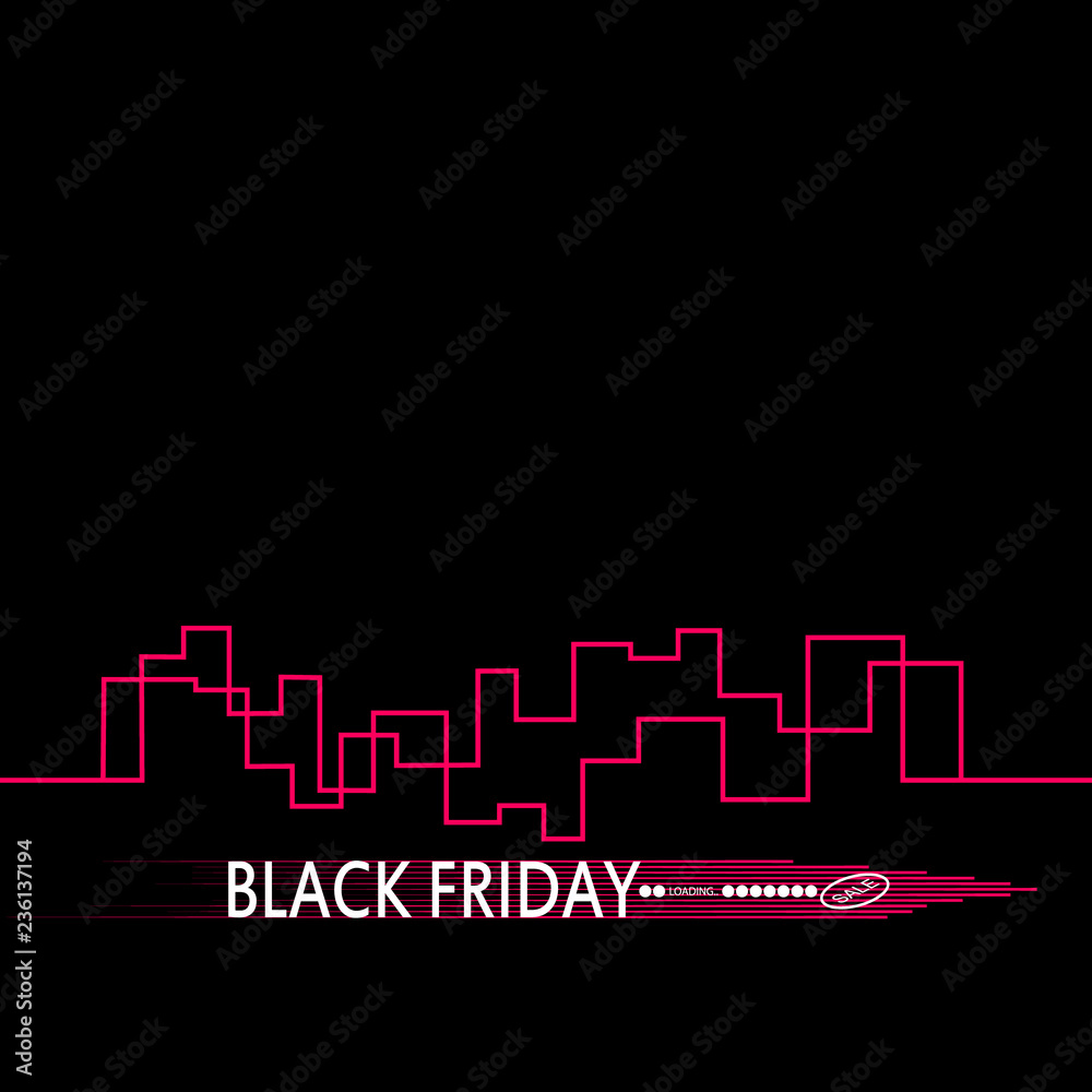 Black Friday in the City the Perfect Sale. White Ribbon Banner in Flat Style on a Black Background with an Abstract City Skyline. Vector Illustration