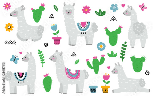 Cute cartoon llama alpaca. Hand drawn characters and cactus, flowers and pots. Ideal for nursery design. Vector illustration.