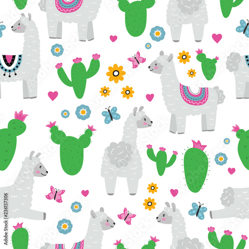 Seamless pattern with llama alpaca, flowers in pots, cactus, batterfly and hearts. Hand drawn vector illustration. photo