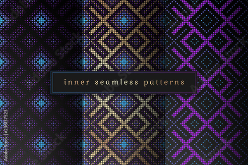 Vector set of sacred geometry seamless pattern; Mixed styles - ancient traditional northern embroidery with contemporary digital design; Psychedelic paganism.
