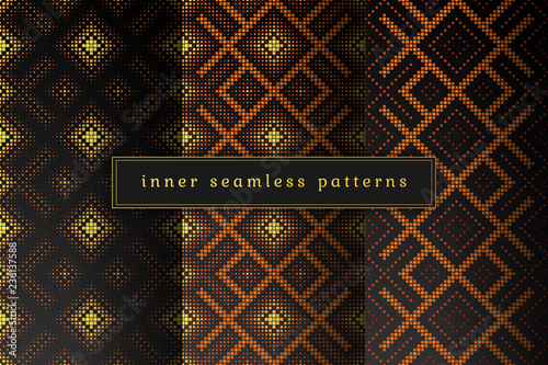 Vector set of sacred geometry seamless pattern; Mixed styles - ancient traditional northern embroidery with contemporary digital design; Psychedelic paganism.