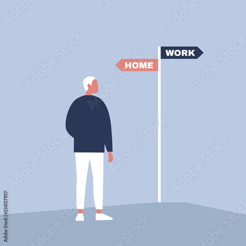 Young male specialist making a choice between the career and family. Navigating signpost showing the opposite directions. Decision making. Flat editable vector illustration, clip art