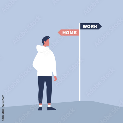 Young male specialist making a choice between the career and family. Navigating signpost showing the opposite directions. Decision making. Flat editable vector illustration, clip art