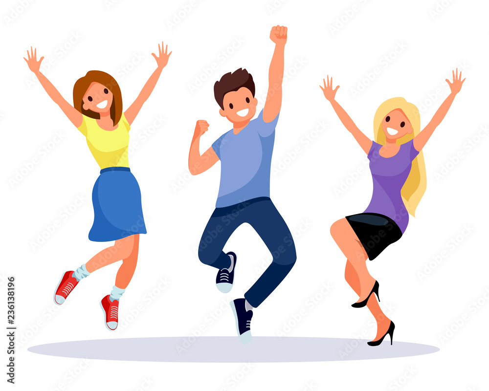Group of happiness, freedom, motion, laughing people concept - smiling young international friends jumping in air over with raised hands on white background. Happy positive joyful men and women.