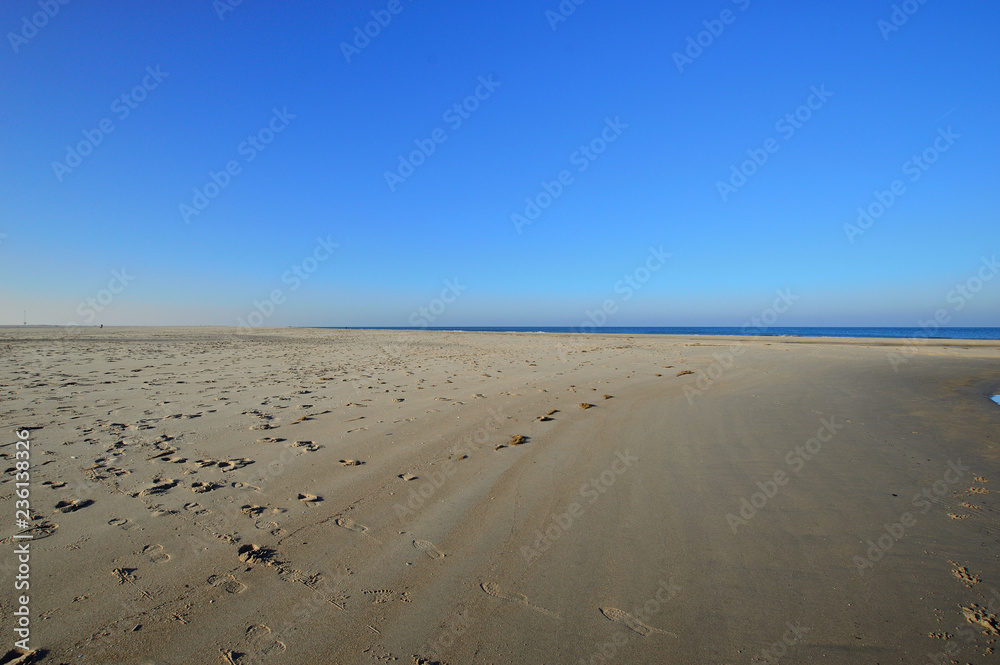  Plaża pod niebieskim bezchmurnym niebem.
